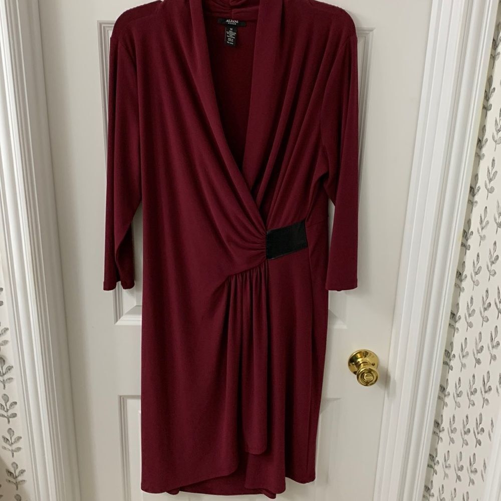 Alfani Woman Size 1X faux wrap burgundy dress with leather embellishment